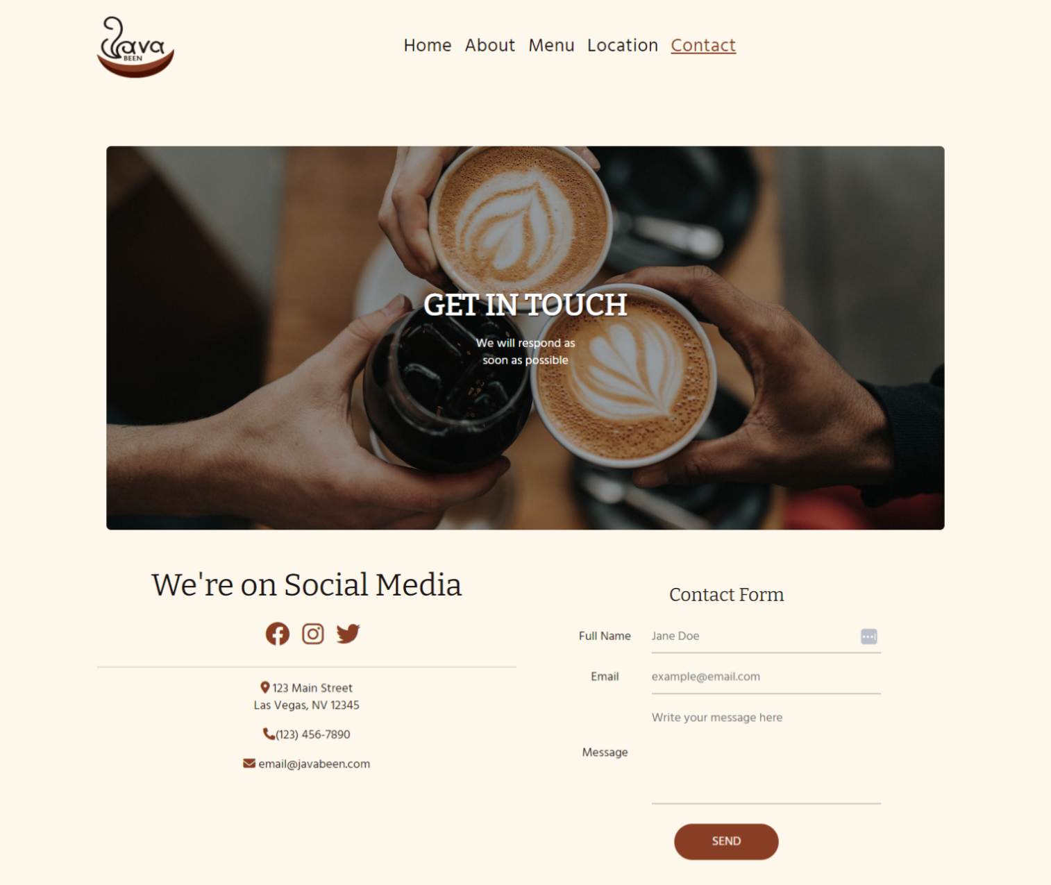 JavaBeen Café Contact Page