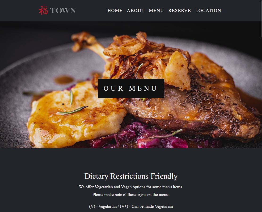 Home page of TOWN restaurant dark background with large image of peking duck