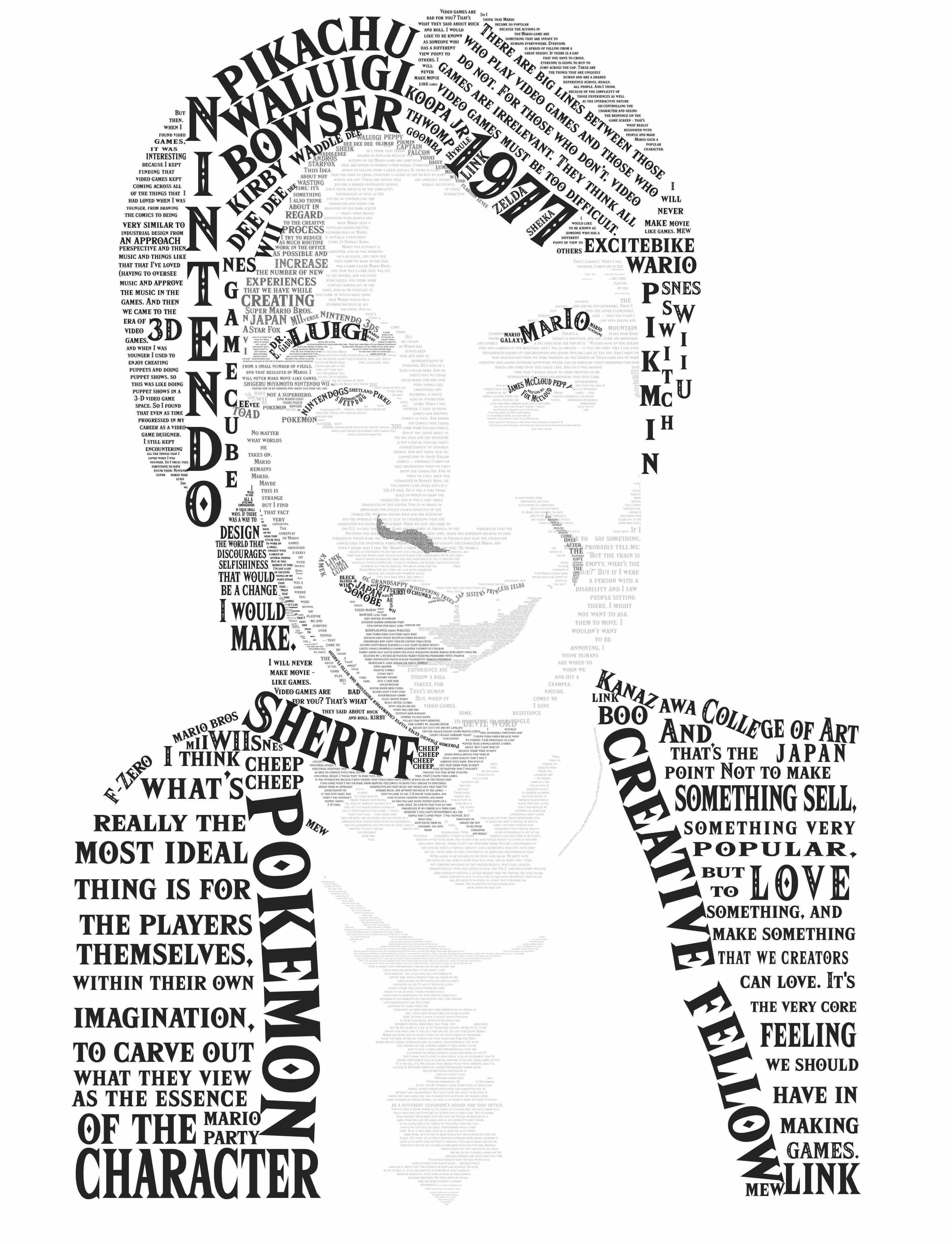 Portrait of Shigeru Miyamoto made out of words related to him and his career