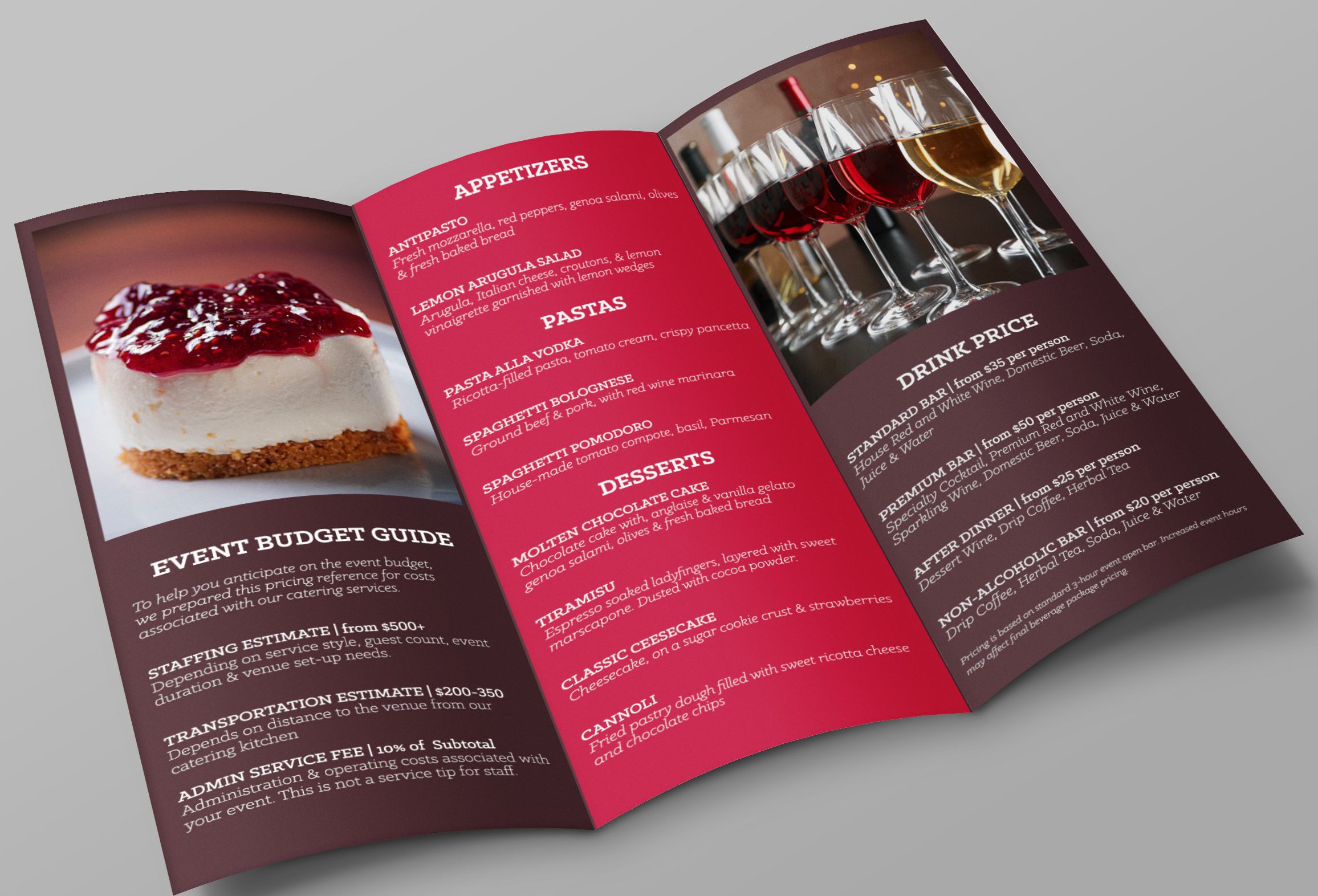 Inside trifold brochure for pasta amore catering services