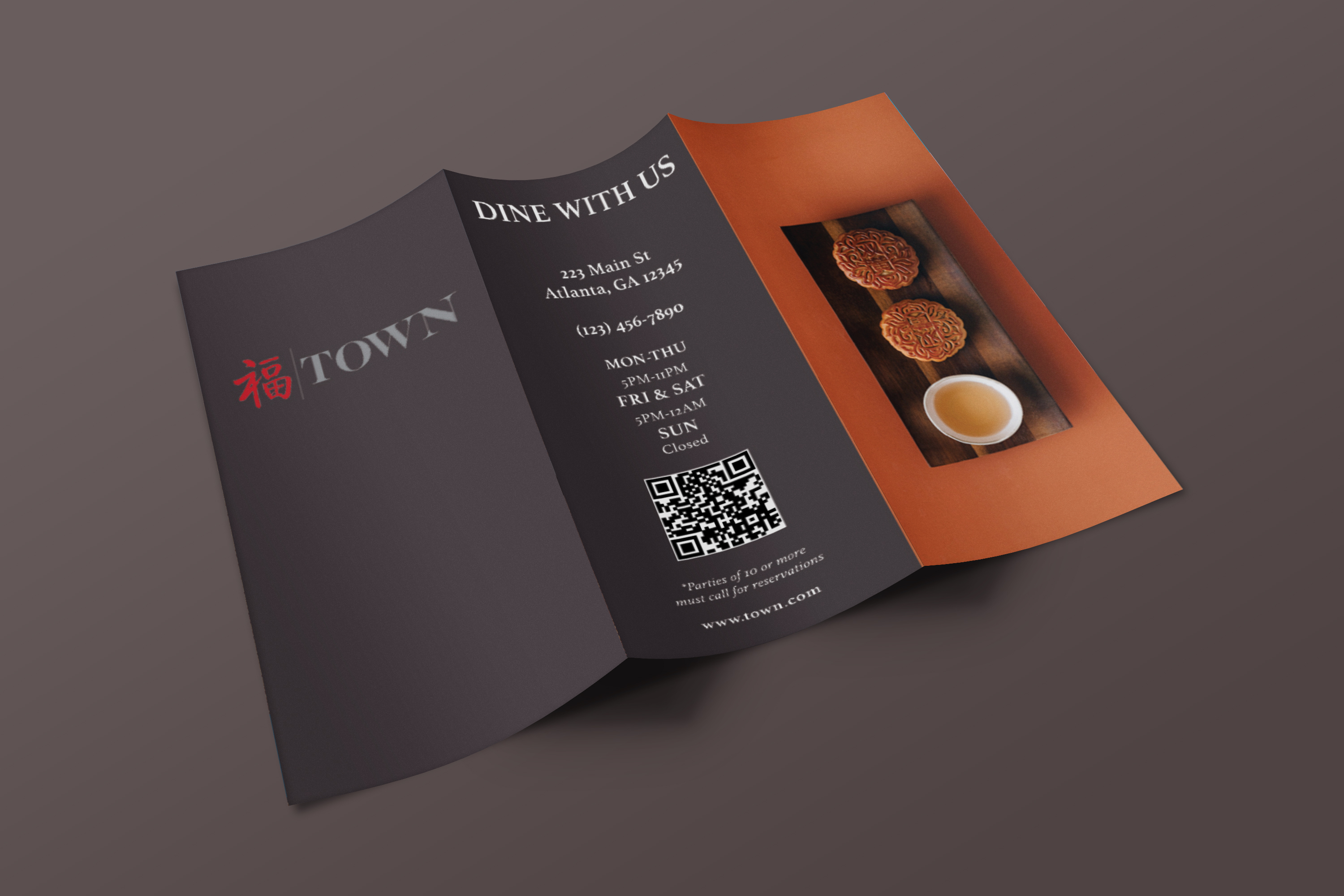 Exterior of trifold brochure for TOWN restaurant