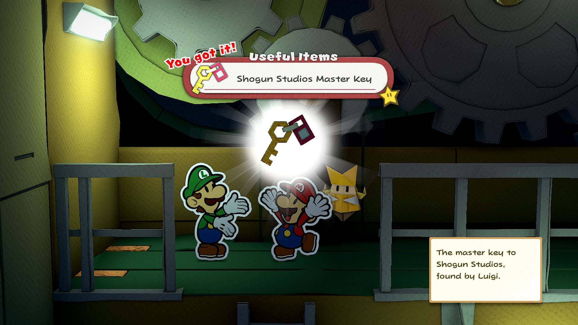 Image of Mario and Olivia receiving a key from Luigi in Paper Mario: Origami King