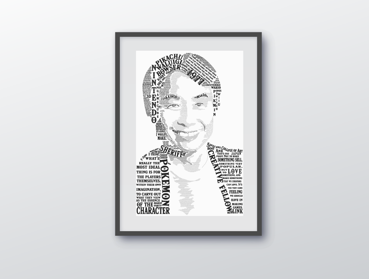 Framed  portrait of Shigeru Miyamoto made of words related to his career