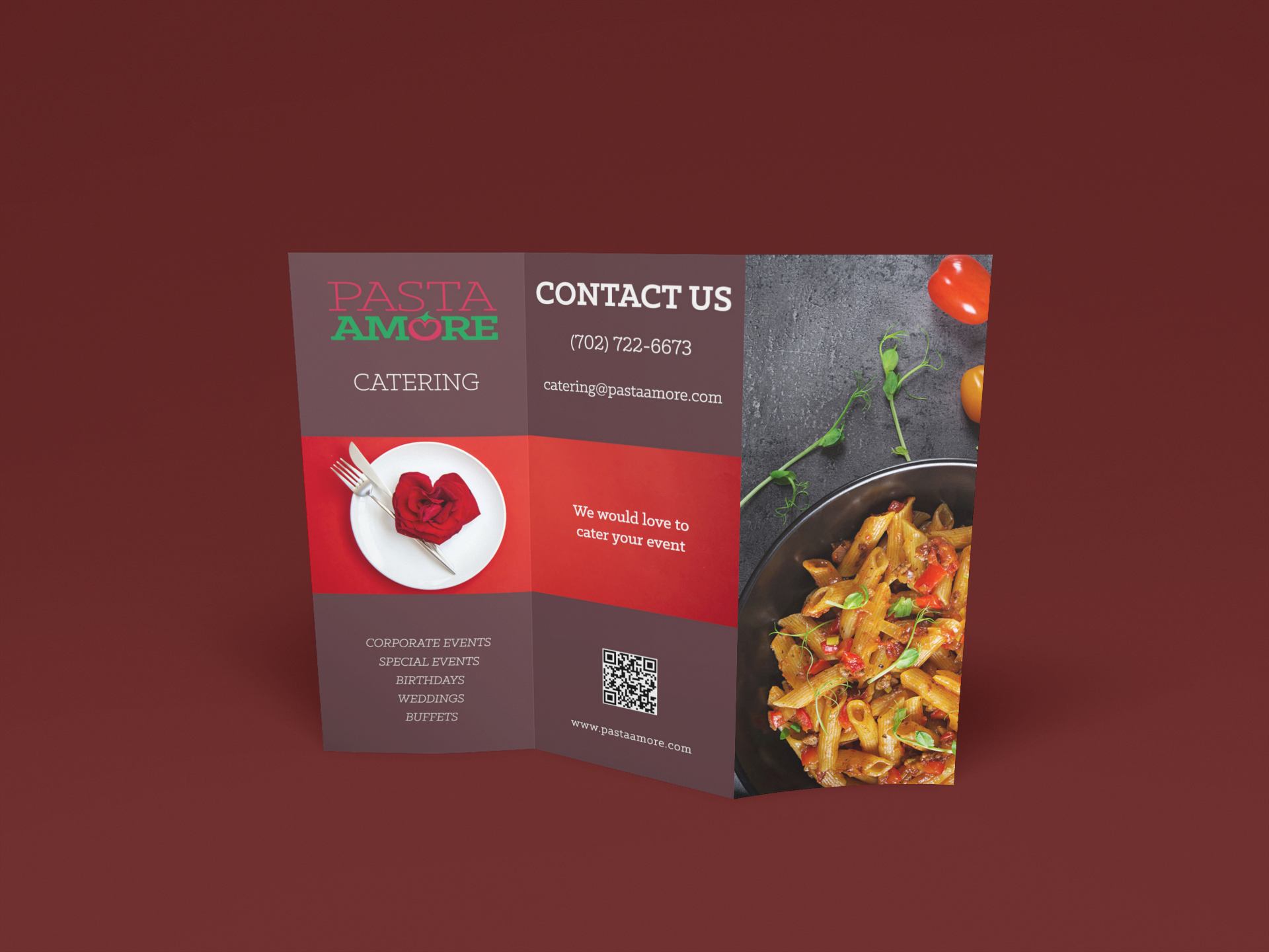 Trifold brochure for Pasta Amore Catering on red background