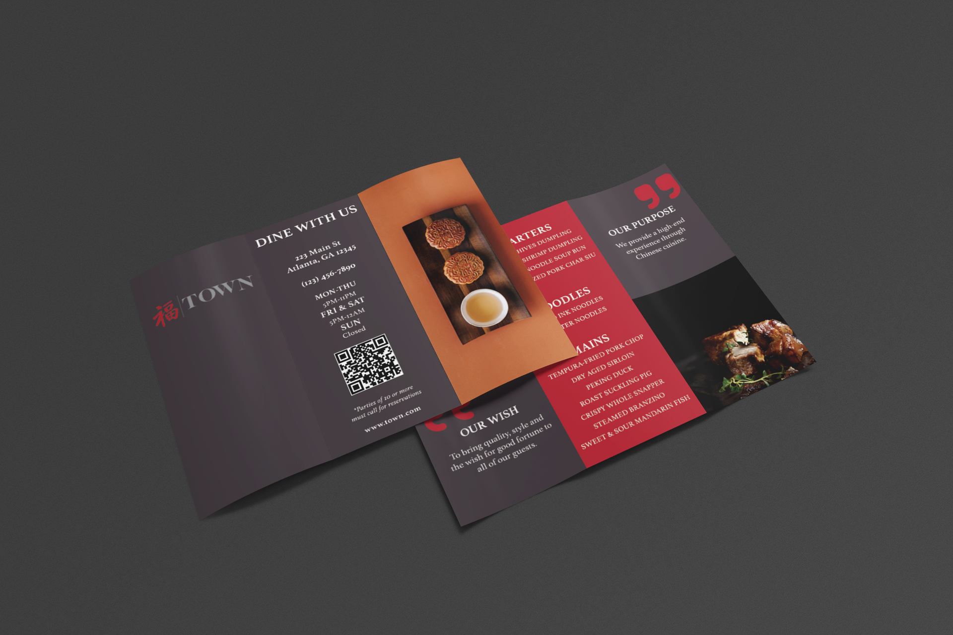 Both interior and exterior of TOWN trifold brochure laying at and angle